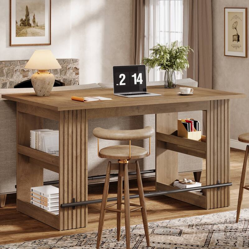 63 Inch Bar Table with Storage Shelves, Counter Height Pub Dining Table with Footrest - 62.99" L x 31.5" W x 35.43" H