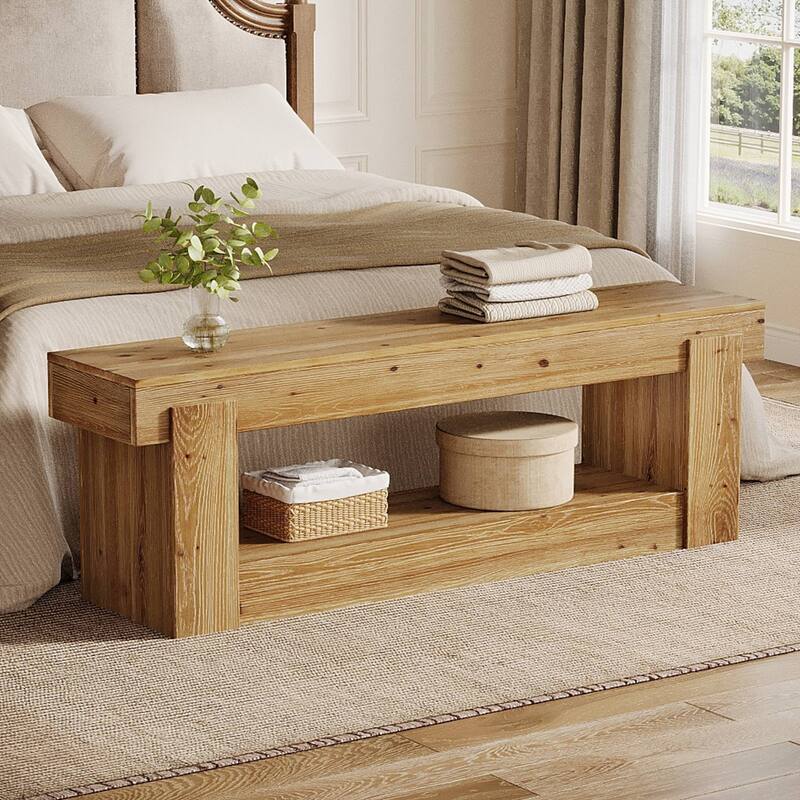 63 Inch Solid Wood Shoe Bench Entryway with Storage, 2-Tier Storage Bench for Bedroom End of Bed