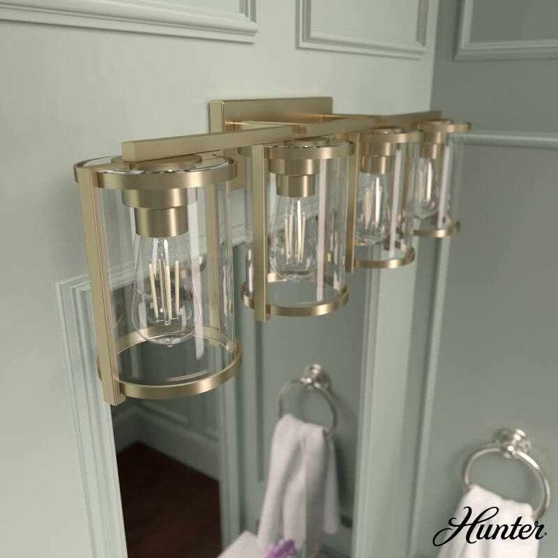Hunter Astwood Bathroom Vanity Light, Clear Cylinder Glass, Damp Rated, Caged - Contemporary, Transitional, Art-Deco - 4-Light 33" - Alturas Gold