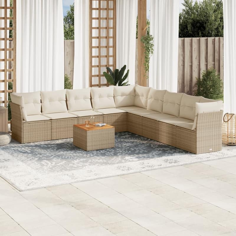 vidaXL Patio Sofa Set with Cushions Outdoor Furniture 10 Piece Poly Rattan - 24.4 x 24.4 x 27.2 - Beige and Cream