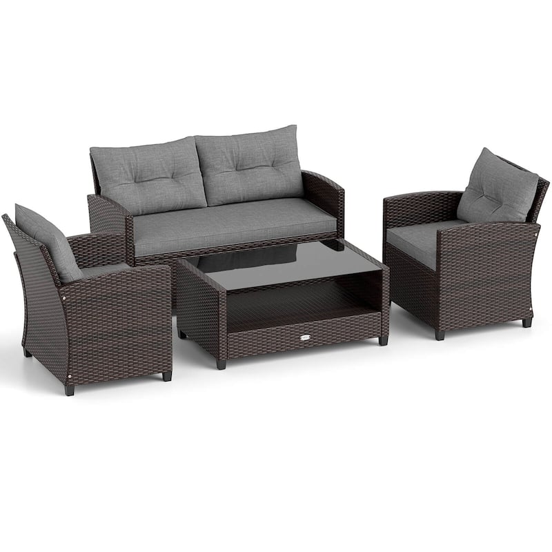 Costway 4 PCS Patio Rattan Furniture Set Glass Table Shelf Sofa - See Details