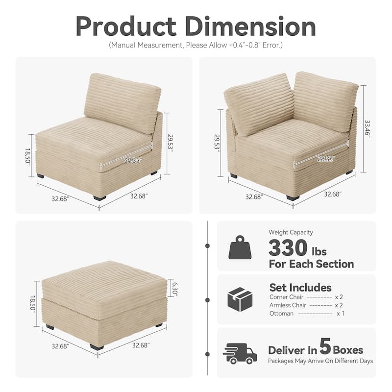 HOOOWOOO Modular Plush Corduroy Fabric Couch with Ottoman