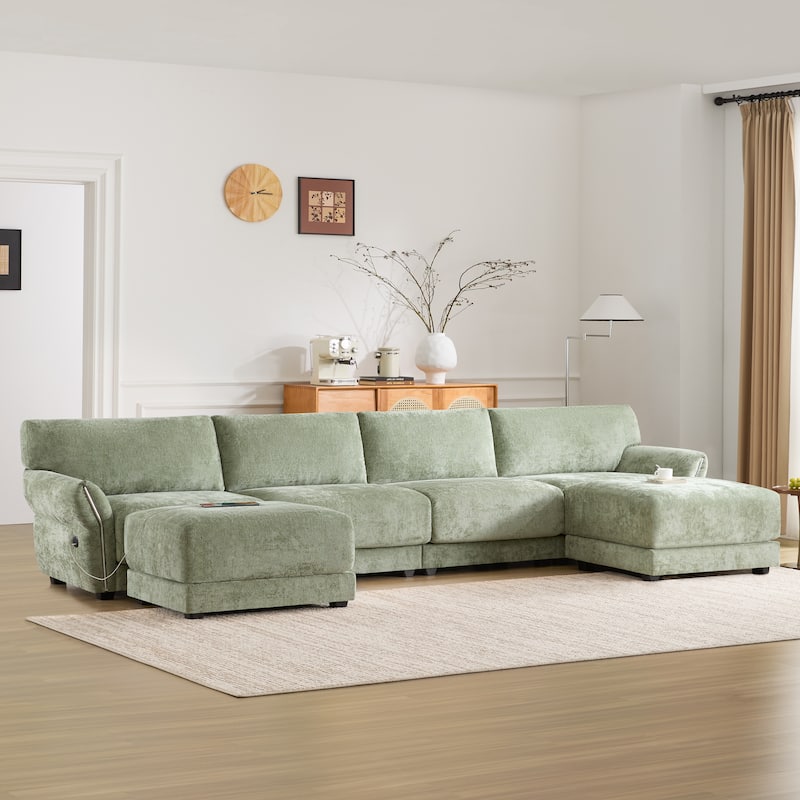 142" U-Shaped Chenille Sectional Sofa with USB & Petal Armrests - Green