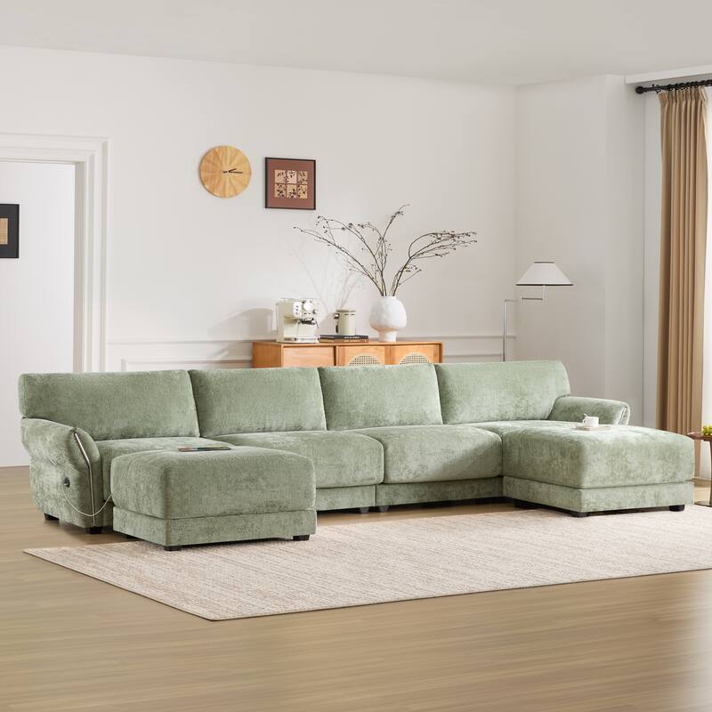 Luxurious Modular 6-Seat U-Shaped Sectional Sofa with USB & Type-C Charging Ports - Green