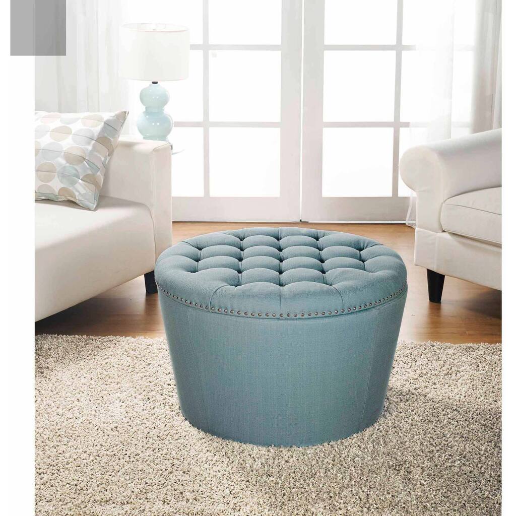 Homes and Gardens Round Tufted Storage Ottoman with Nailheads