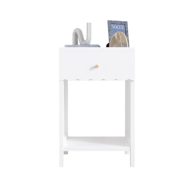 Modern White Nightstand with Drawer and Open Shelf for Bedroom