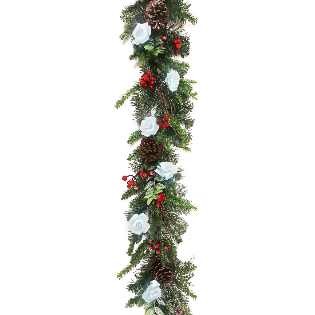 6ft Artificial Mixed Frosted Berry Twig Pine Cone & Pine Christmas Garland with Rose String Light Set - 72" L x 7" W x 5" DP