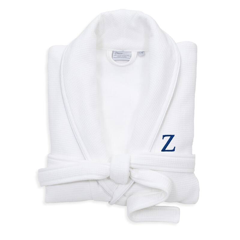 Authentic Hotel and Spa White Unisex Turkish Cotton Waffle Weave Terry Bath Robe with Navy Block Monogram - S/M - Z