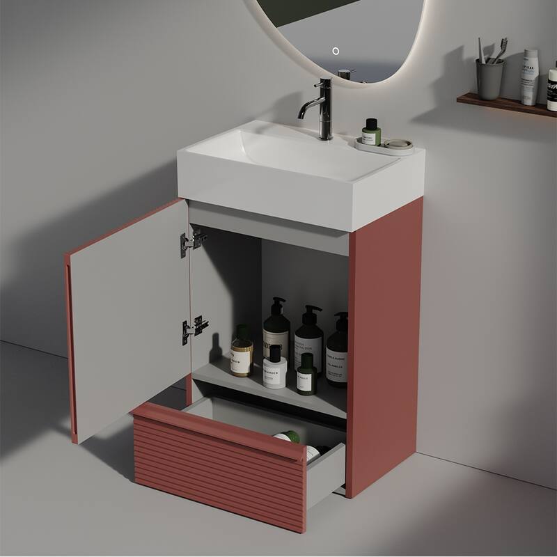 Small Bathroom Vanity with Sink, Fluted Bathroom Vanity with 1 Drawer, Bathroom Storage Cabinet with Soft-Close Door - Red
