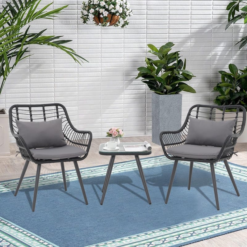 3-Piece Cushioned Bistro Set Patio Wicker Chair and Side Table - Black