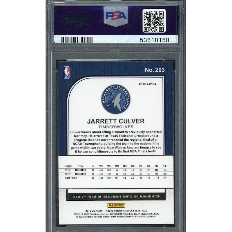 Jarrett Culver 2019 Panini Hoops Premium Stock Pulsar Rookie Card #203 PSA 10 - 8'6" x 11'6"