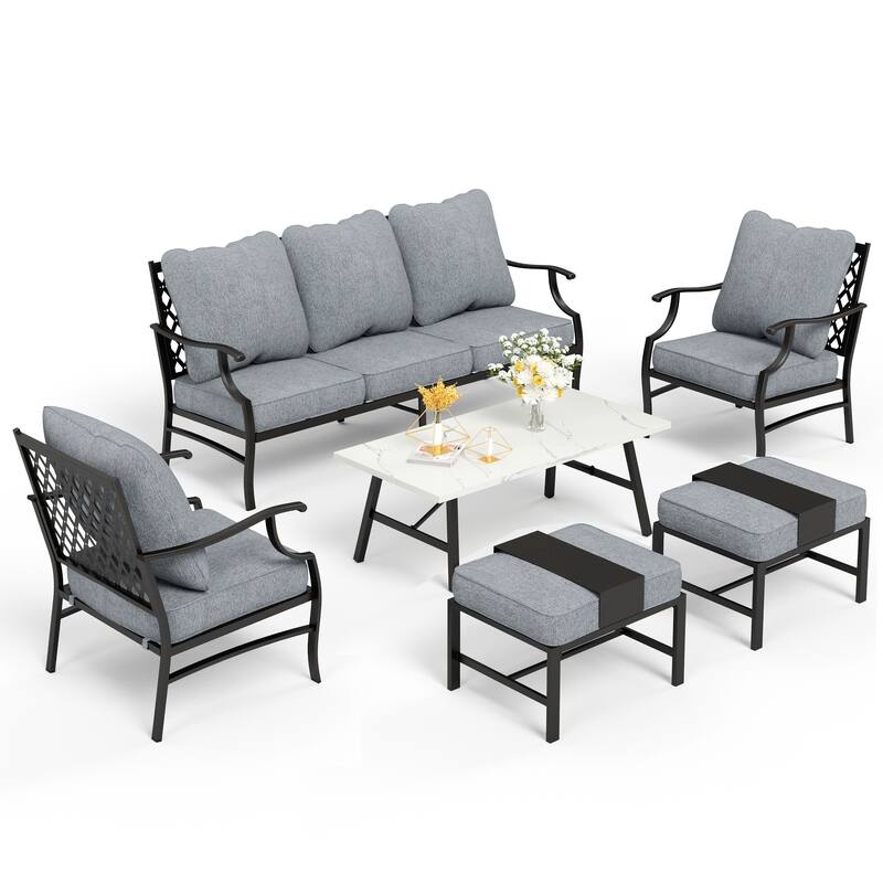MAISON ARTS 6/7-Piece Patio Conversation Sets, Sofa Set with 2/4 x Single Chairs, 1 x 3-seater Sofa and Coffee Table/Ottomans