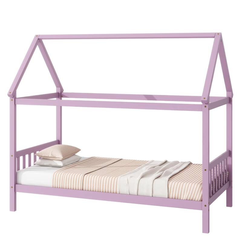 Pink Twin House Bed with Headboard and Footboard, Rubber Wood Frame, Space-Optimizing Design
