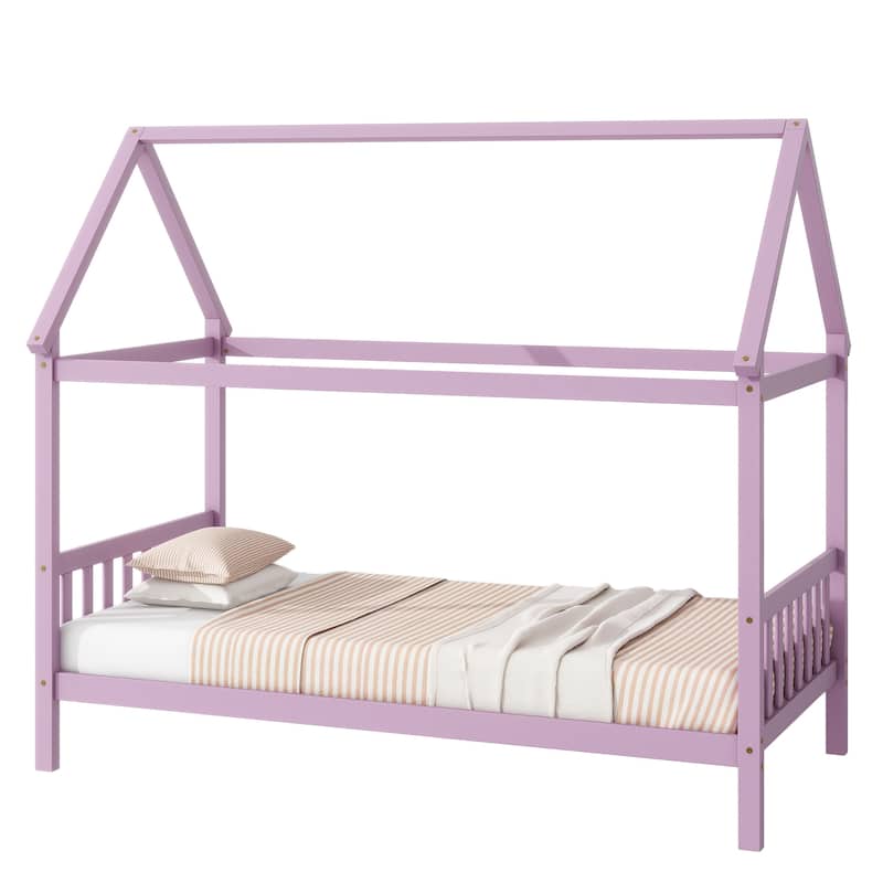 Twin Size House Bed with Headboard and Footboard, Underbed Storage - Rubberwood House-shaped Bed Frame for Children's Room