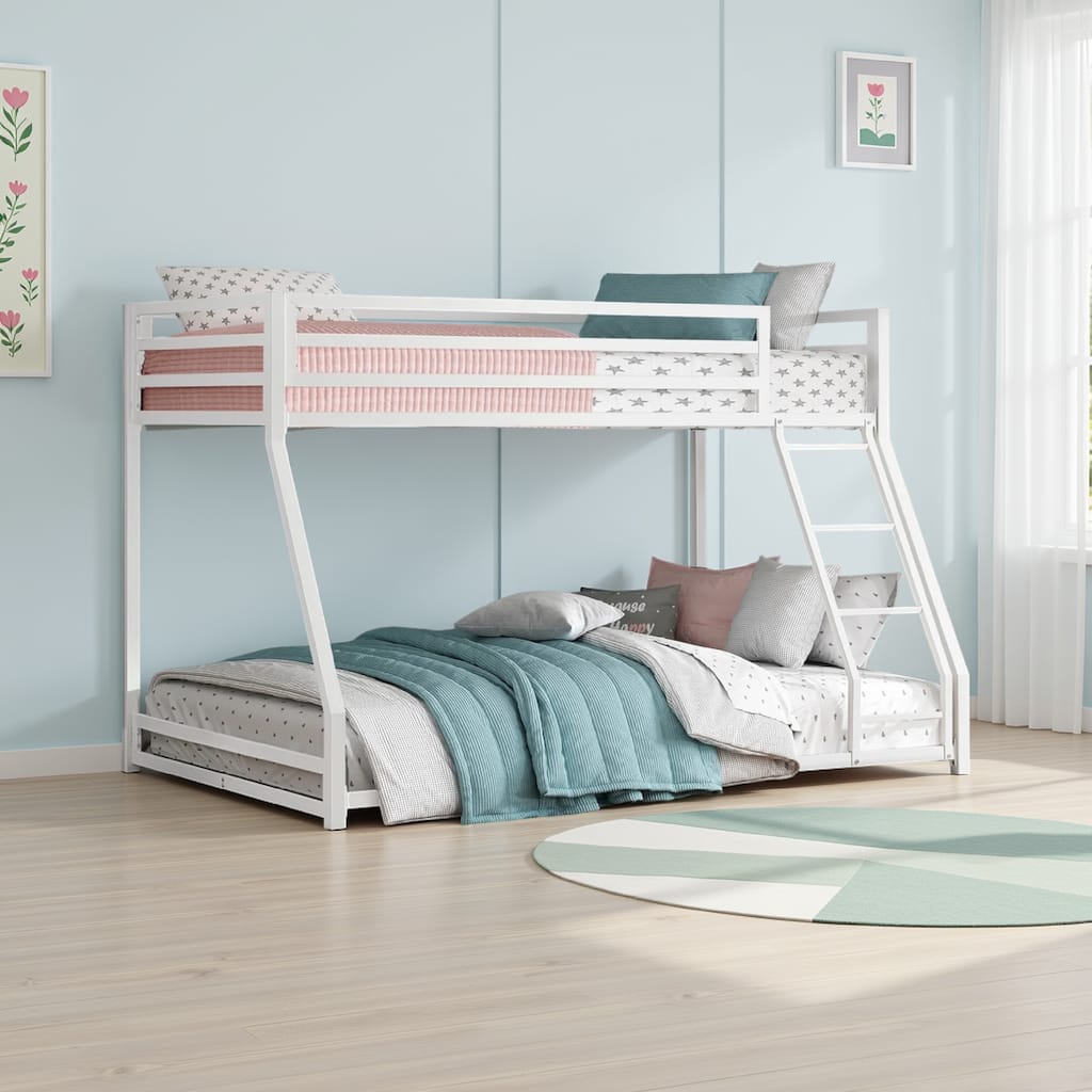 Ovi 78 Inch Twin over Full Bunk Bed, Ladder, Ground Level Bed, White Metal