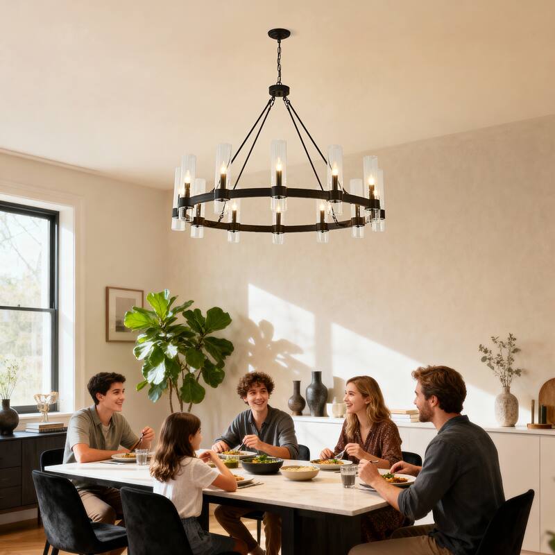 43.3''Matte Black Wagon Wheel Chandelier With 12 Lights (No Bulbs)