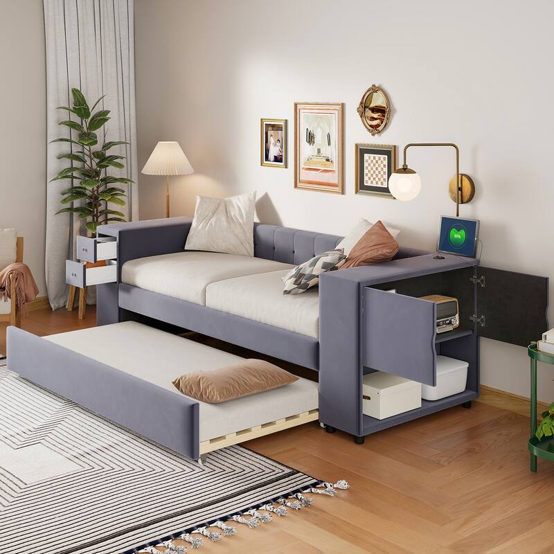 Twin Velvet Upholstered Platform Bed with Trundle, USB Charging, Storage Drawers, Beige/Gray