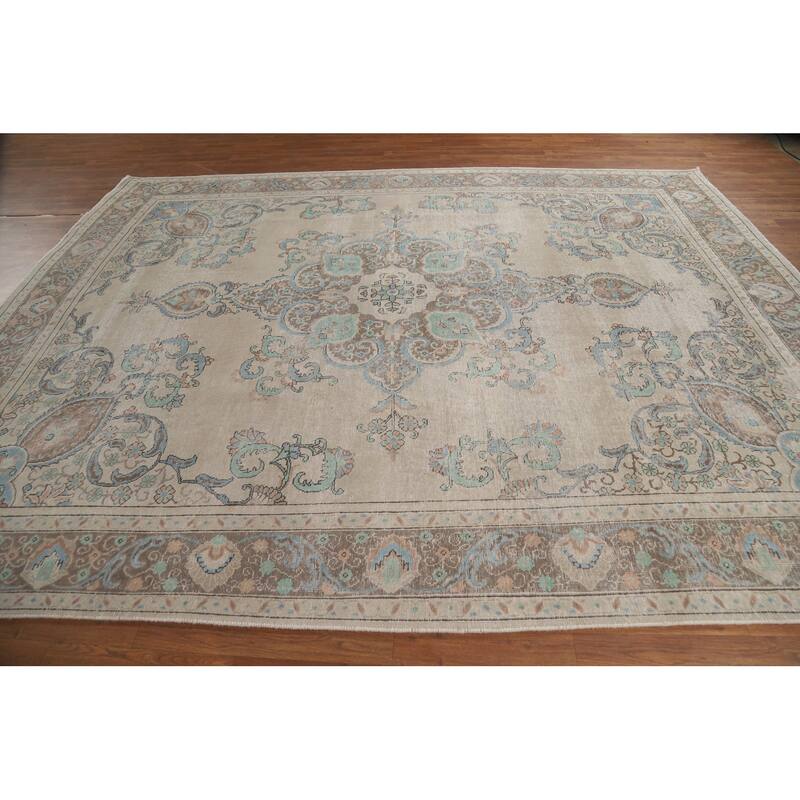Traditional Tabriz Persian Rug Handmade Oriental Beige Wool Carpet - 8'11"x 11'3"