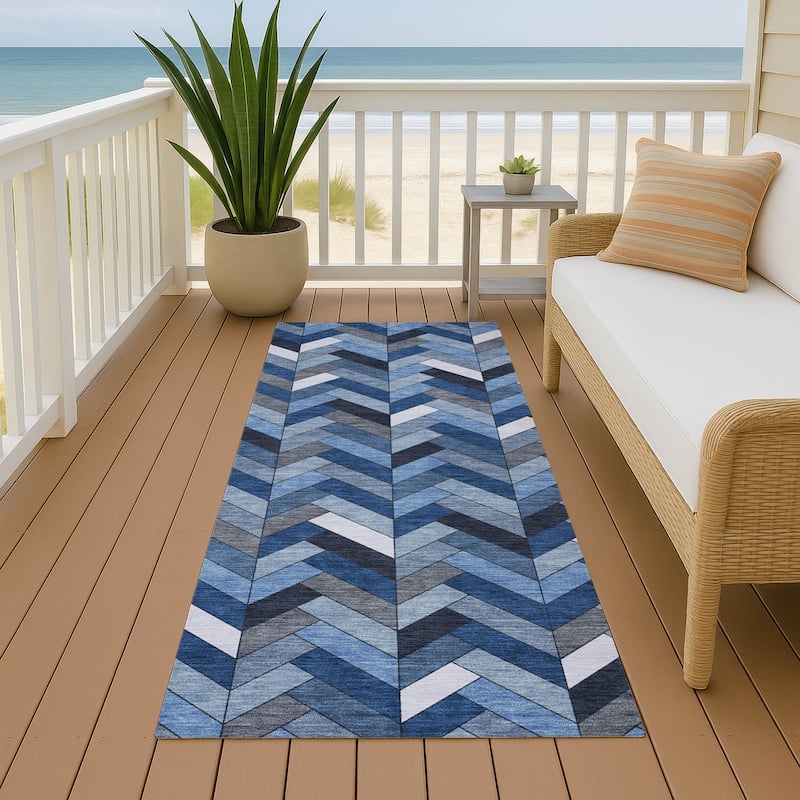 Machine Washable Indoor/ Outdoor Modern Chevron Chantille Rug - Blue - 2'3" x 7'6"