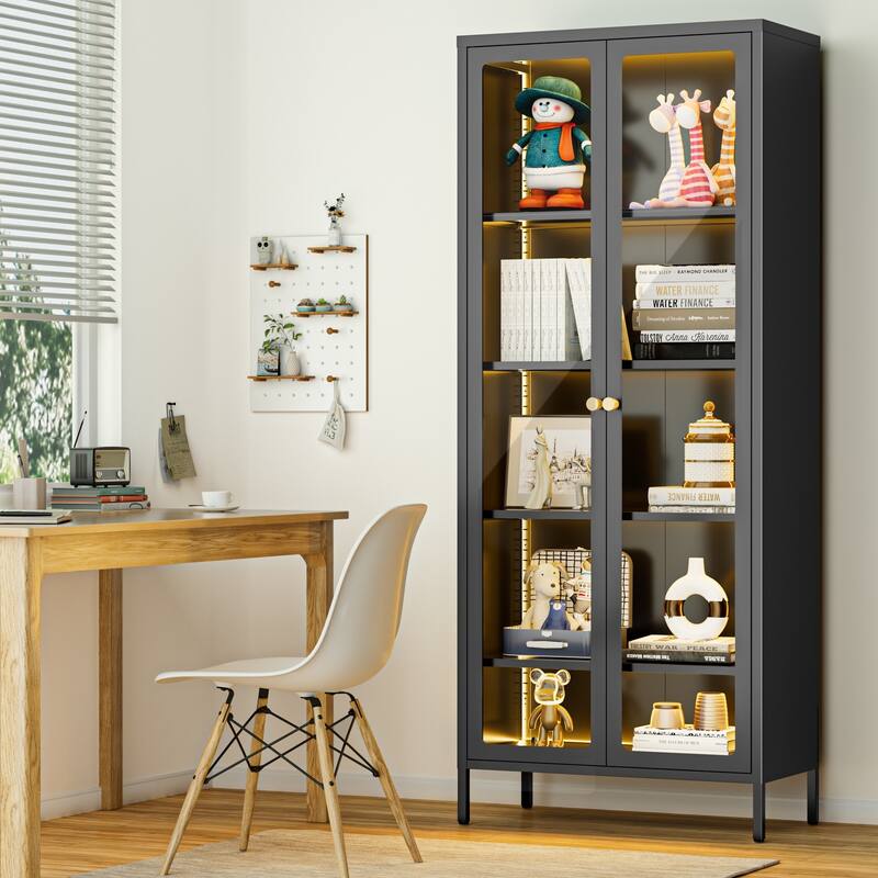 4/5-Tier Glass Curio Display Cabinet with Doors & Adjustable Storage Shelves