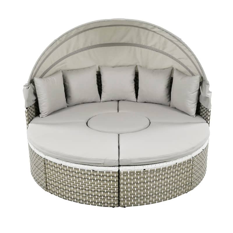 Round Patio Sectional Sofa Set – Two-Tone Rattan Daybed with Retractable Canopy & Modular Seating‌