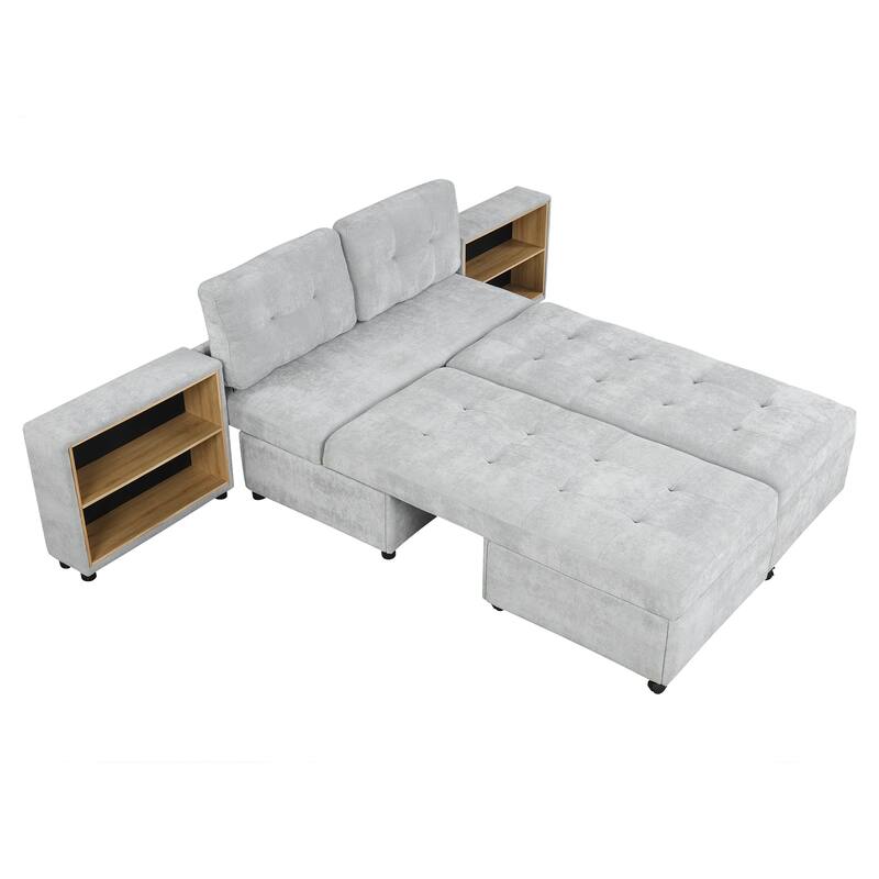 121.2" Versatile Modular Sofa Bed with 2 Storage Racks, Gray, Chenille Upholstered