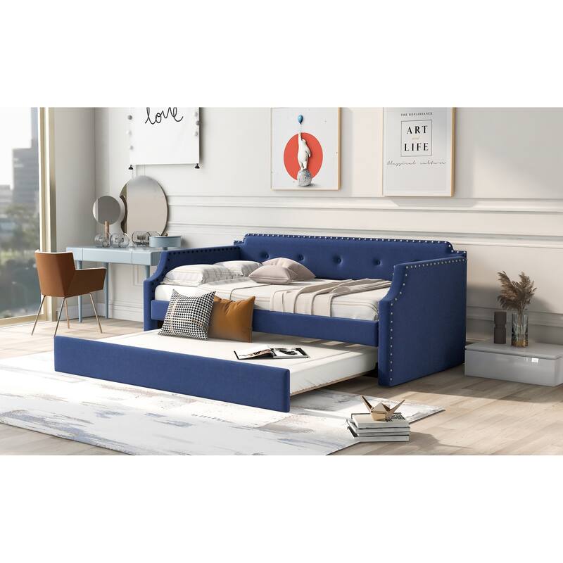 Blue Twin Upholstered Daybed with Trundle, Wood Slat Support, Sofa Bed
