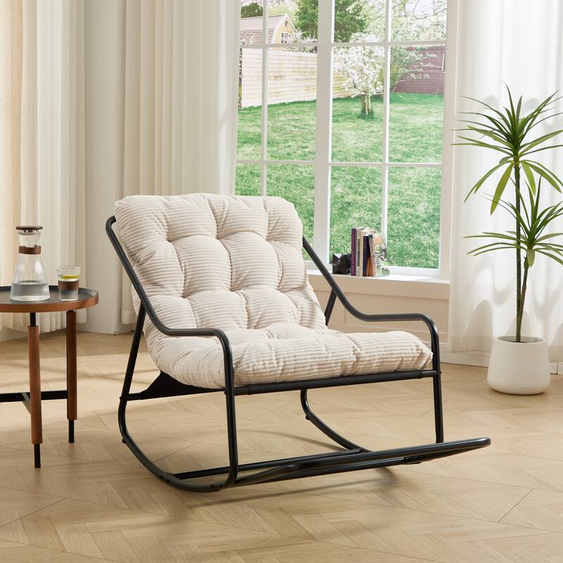 Outdoor Rocking Chair, Comfy Cushion, with Soft Thick Cushion,for Living Room, Reading Room, Black Frame with White Cushion