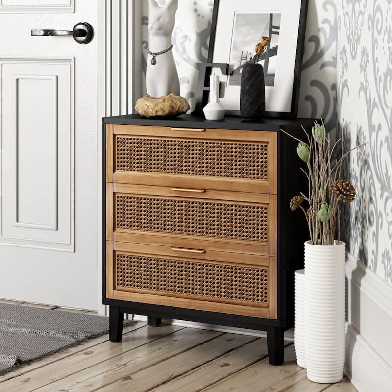 COZAYH Farmhouse 3-Drawer Nightstand, Rattan Cane Front Accent Dresser for Living Room, Bedroom