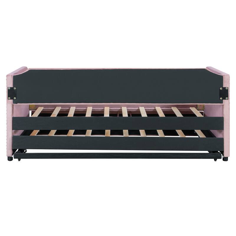 Twin Size Velvet Upholstered Daybed with Pop Up Trundle Pink