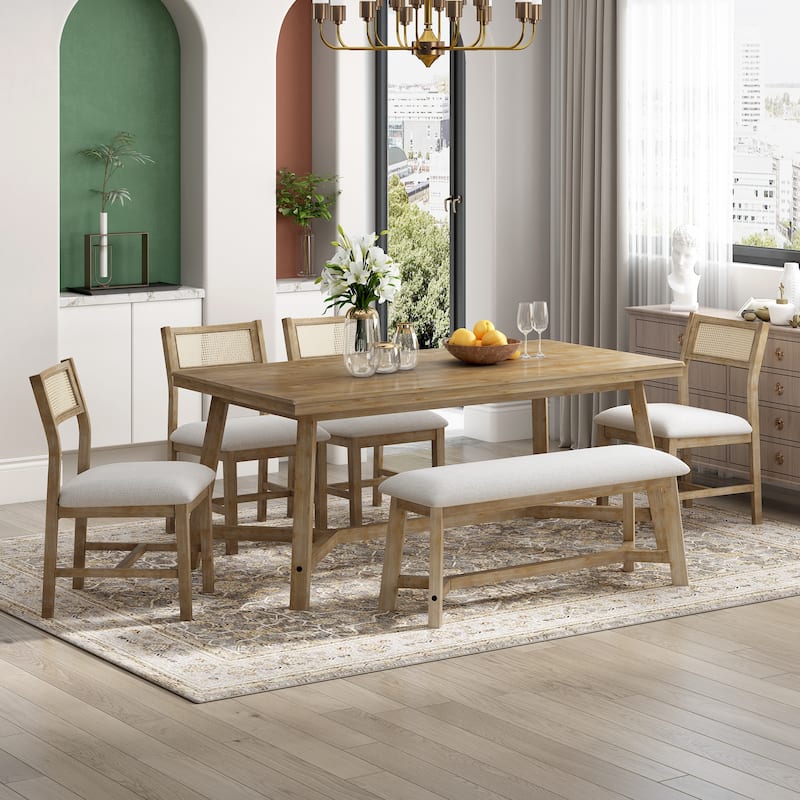6-Piece Dining Table Set with 4 Upholstered Chairs and Bench - Natural
