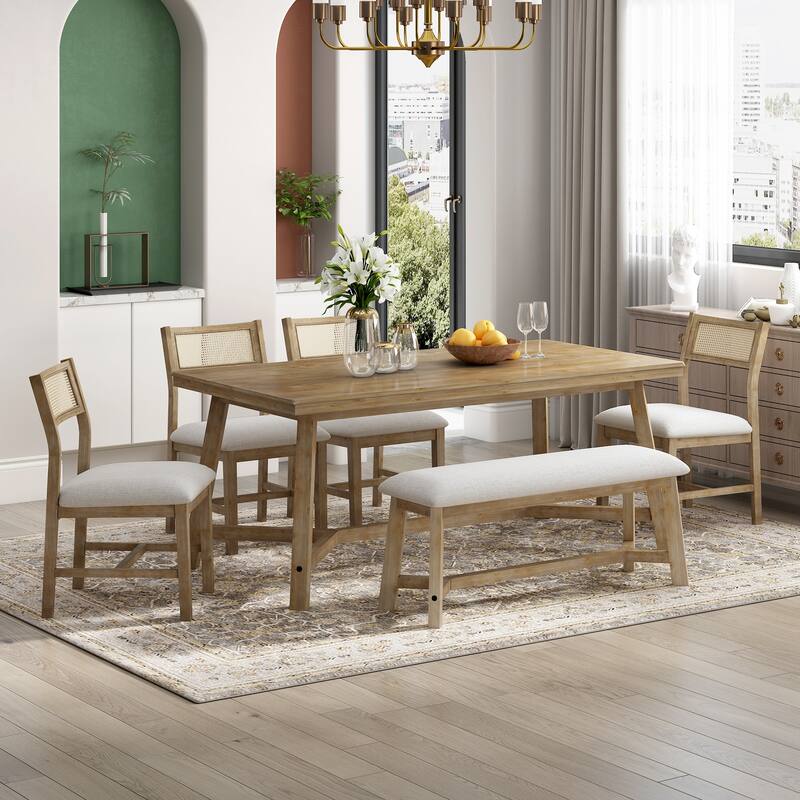 6-piece Retro Farmhouse Style Dining Set, Rectangular Table and 4 Upholstered Chairs with Rattan and Bench - Natural Wood Wash