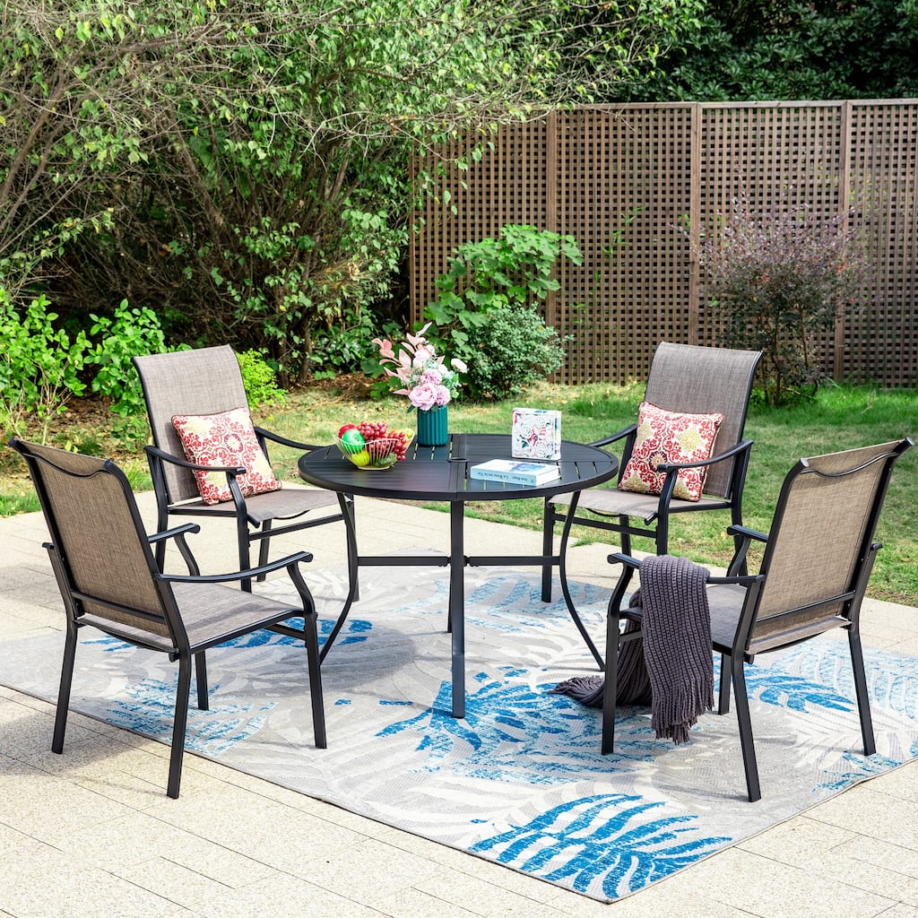 MAISON ARTS 5/7-Piece Patio Dining Set, Round Metal Table and 4/6 Textilene Fabric Padded Armchairs