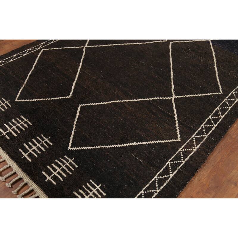 Dark Brown Trellis Moroccan Oriental Area Rug Hand-Knotted Wool Carpet - 5'11"x 9'7"