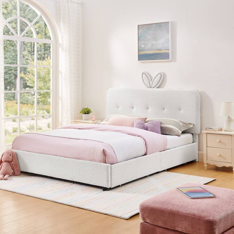 Queen Size Boucle Upholstered Bed with Rabbit Ear Headboard, LED Music Sync & 4 Drawers