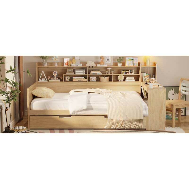 Space-Saving Twin/Full Size Daybed with Trundle and Study Desk, Wooden Platform Bed with Storage Shelves
