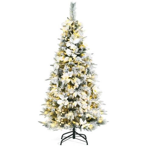 Gymax 5/6/7/8 FT Pre-Lit Artificial Snow-Flocked Christmas Tree Hinged - See details