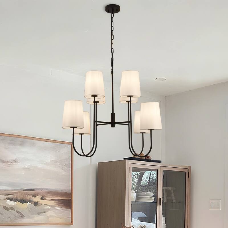 Modern 8 Light Chandelier with White Fabric Shades, Black Metal Frame, Mid Century Contemporary Ceiling Light - Matte Black - Matte Black