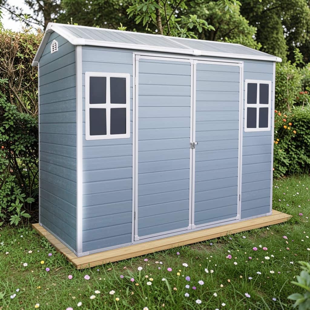 8x4 FT Outdoor Resin Storage Shed with Floor, Double Doors, Windows, Slim Garden Tool Shed