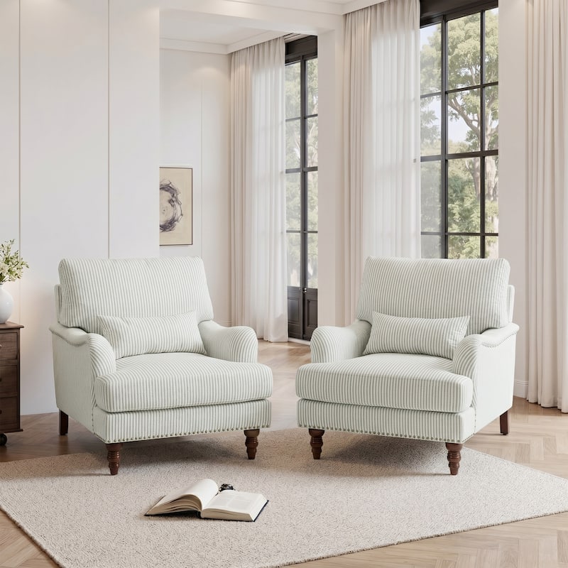 Set of 2 Mid Century Chenille Upholstered Accent Chairs - Chenille - Pinstripe Green
