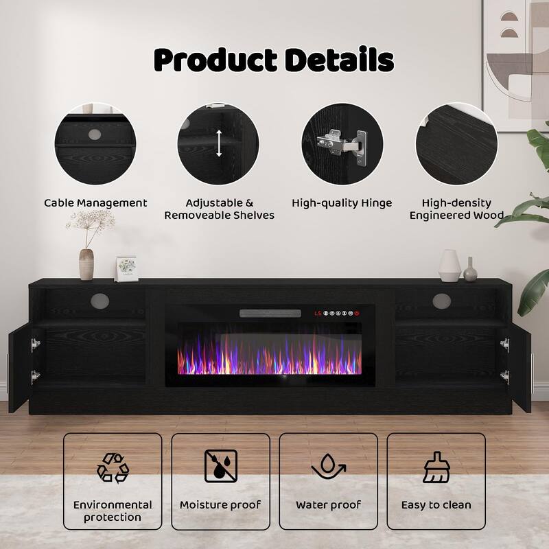 BOSSIN 80" Modern Electric Fireplace TV Stand with 20-Color LED Lights, Fits Up to 90" TV, Adjustable Shelves & Storage Cabinets