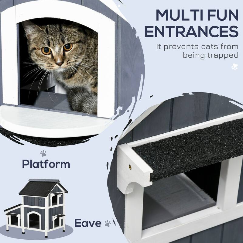 PawHut Outdoor Cat House with Weather-resistant Roof & Garden Bed, Outdoor Shelter Enclosure with Multiple Entrances