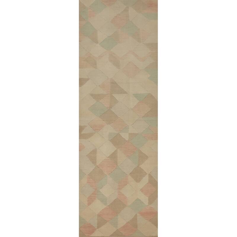Hand Woven Oriental 100% Wool Carpet Southwestern Modern Beige & Ivories Kilim Runner Rug - 9' 9'' X 2' 6''