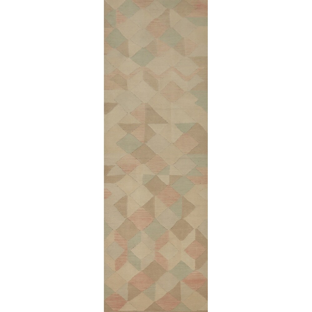 Hand Woven Oriental 100% Wool Carpet Southwestern Modern Beige & Ivories Kilim Runner Rug - 9' 9'' X 2' 6''