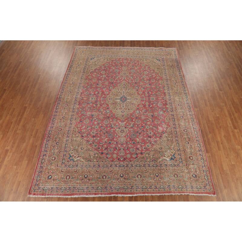 Traditional Pink Mashad Persian Vintage Rug Hand-Knotted Wool Carpet - 9'5"x 12'5"
