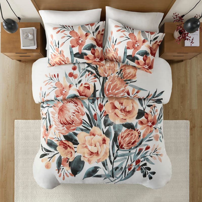 Madison Park Junia 3 Piece Floral Cotton Duvet Cover Set - Peach/Off-White - King - Cal King