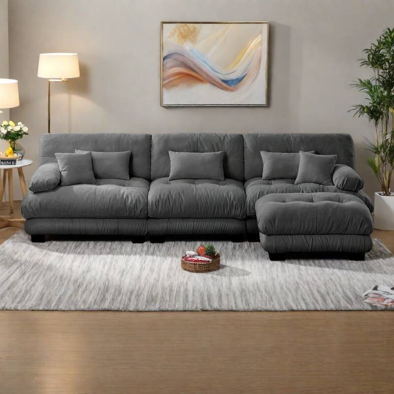 133.8" 3-Seater L-Shaped Chenille Cloud Couch with Ottoman and Oversized Deep Seat Sectional Sofa - Gray