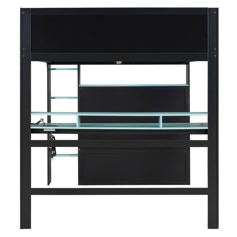 Full Size Esports Loft Bed, Built-In Gaming Station with Adjustable Desk, Wardrobe, Book Shelves, USB Port & RGB Strip Lighting
