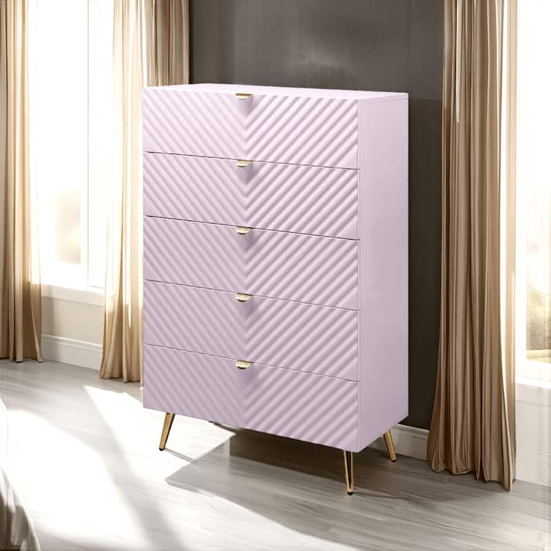 Tyra Tall Dresser Chest, 5 Drawers, Gold, Gloss Pink Chevron Pattern