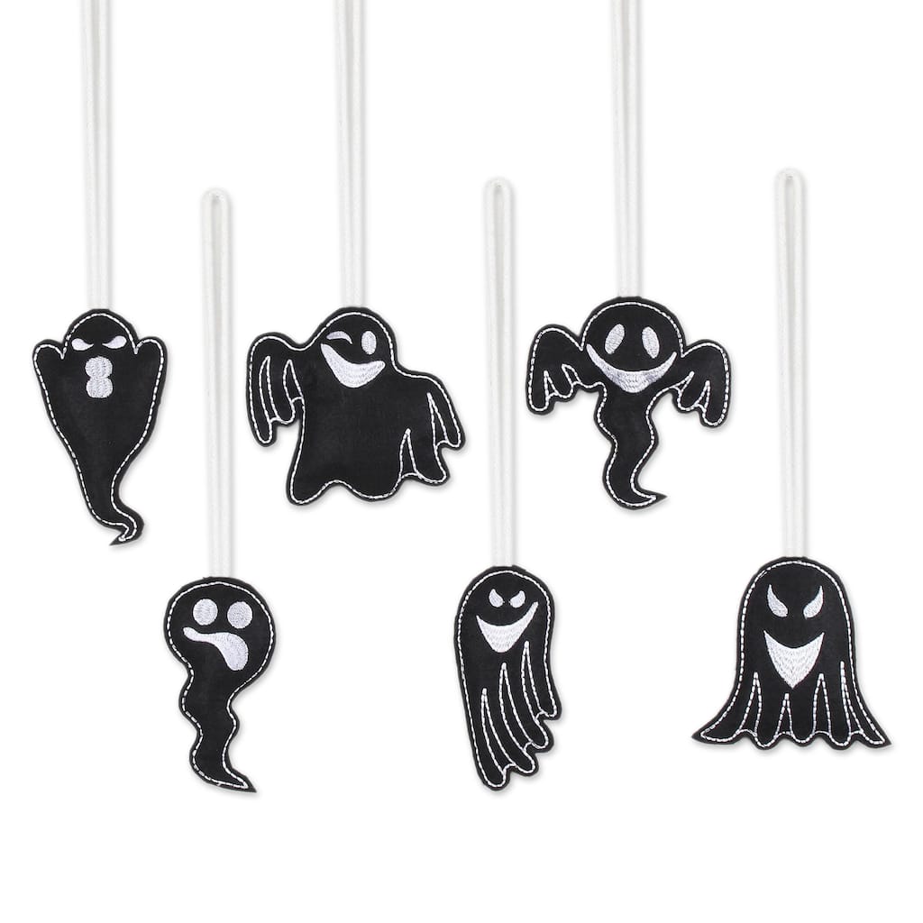 Novica Handmade Spooky Ghosts In Black Wool Felt Ornaments (Set Of 6)